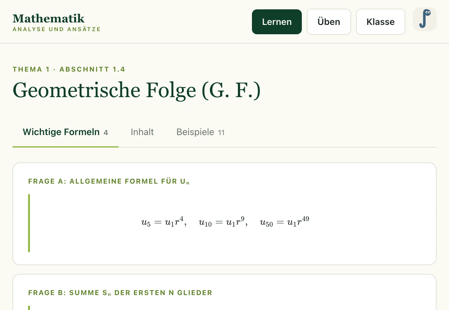 Die wichtigen Formeln je Abschnitt