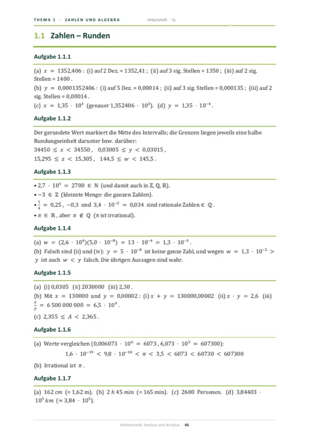 Heftseite aus dem Lösungsteil mit ausgeschriebenen Ergebnissen zu den Aufgaben 1.1.1 bis 1.1.6
