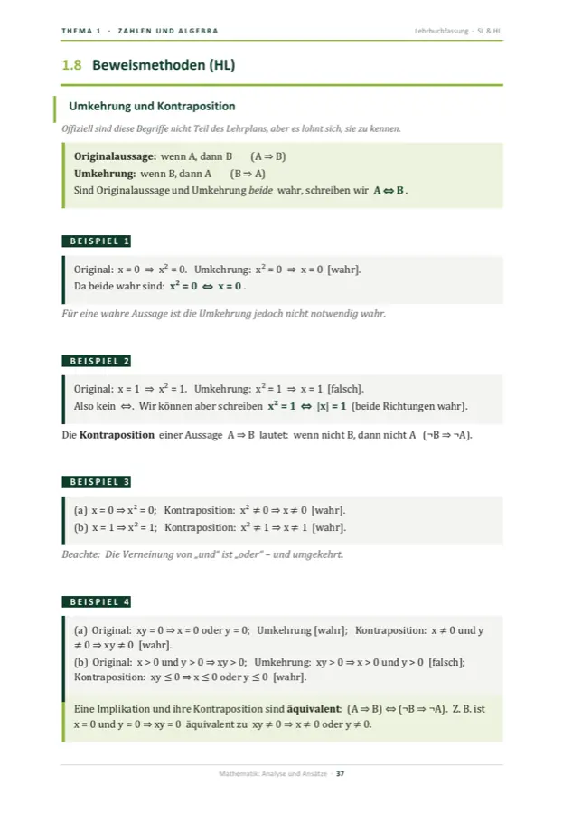 Buchseite zu Abschnitt 1.8 „Beweismethoden (HL)“ mit Umkehrung und Kontraposition